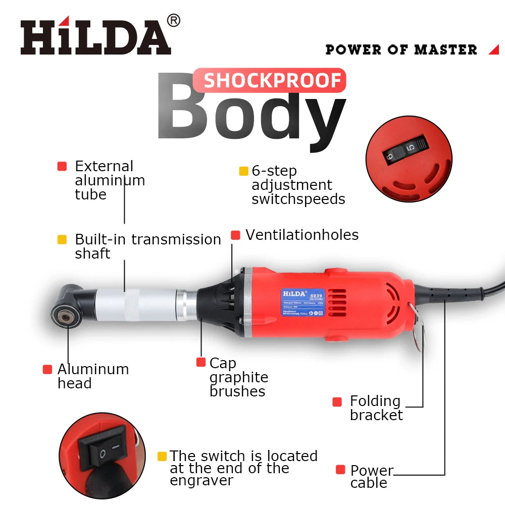 HILDA 380W Powerful Electric Straight Grinder 6 Variable Speed Tile Beauty Sewing Tool Multifunctional Grinder Sander Polisher
