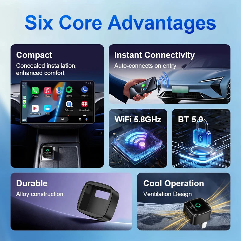 Wooboobox Wireless CarPlay Adapter Alloy Body, 2026 2 in 1 USB Plug & Play Android Auto CarPlay Dongle for iPhone Android, 5Ghz