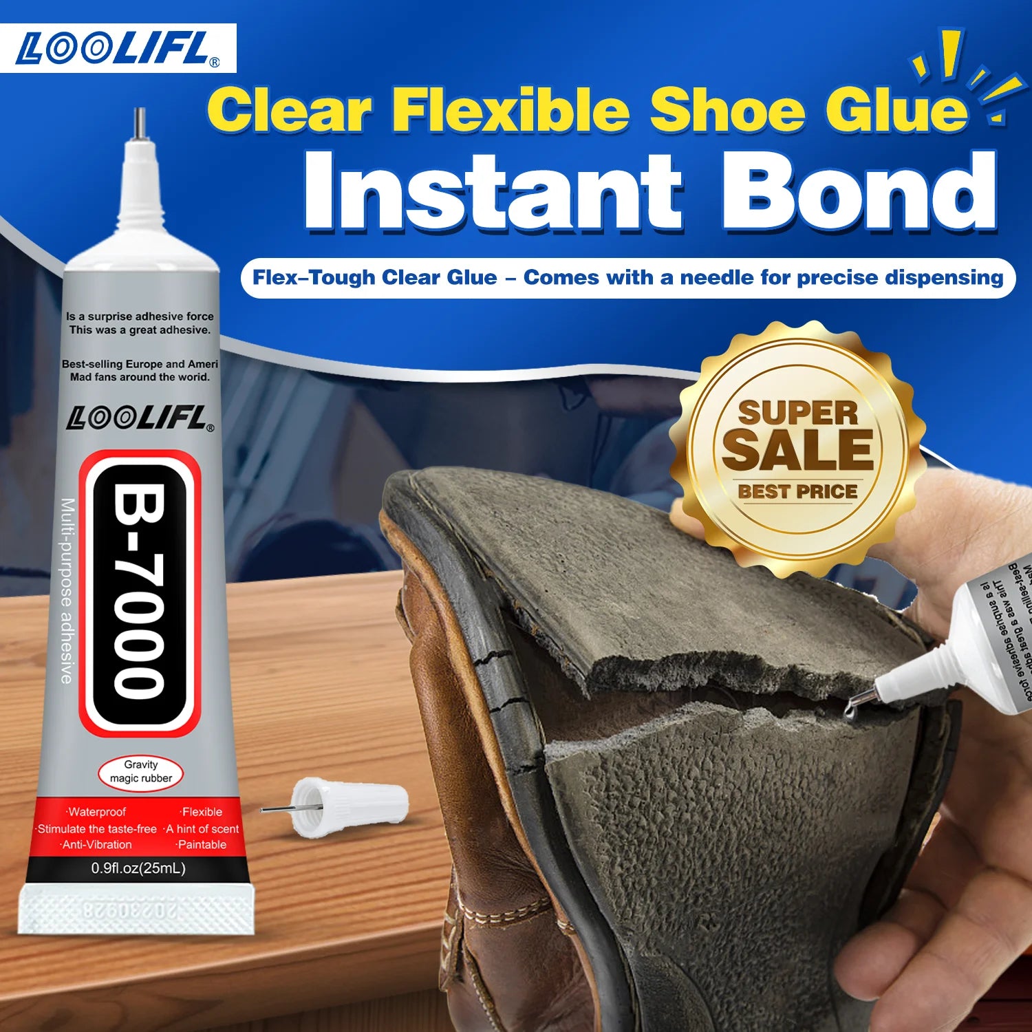 B7000 Shoe Glue, Professional Grade Repair Adhesive for All Footwear Instant Bond,Clear Drying,Flexible, & Durable for Shoe Edge