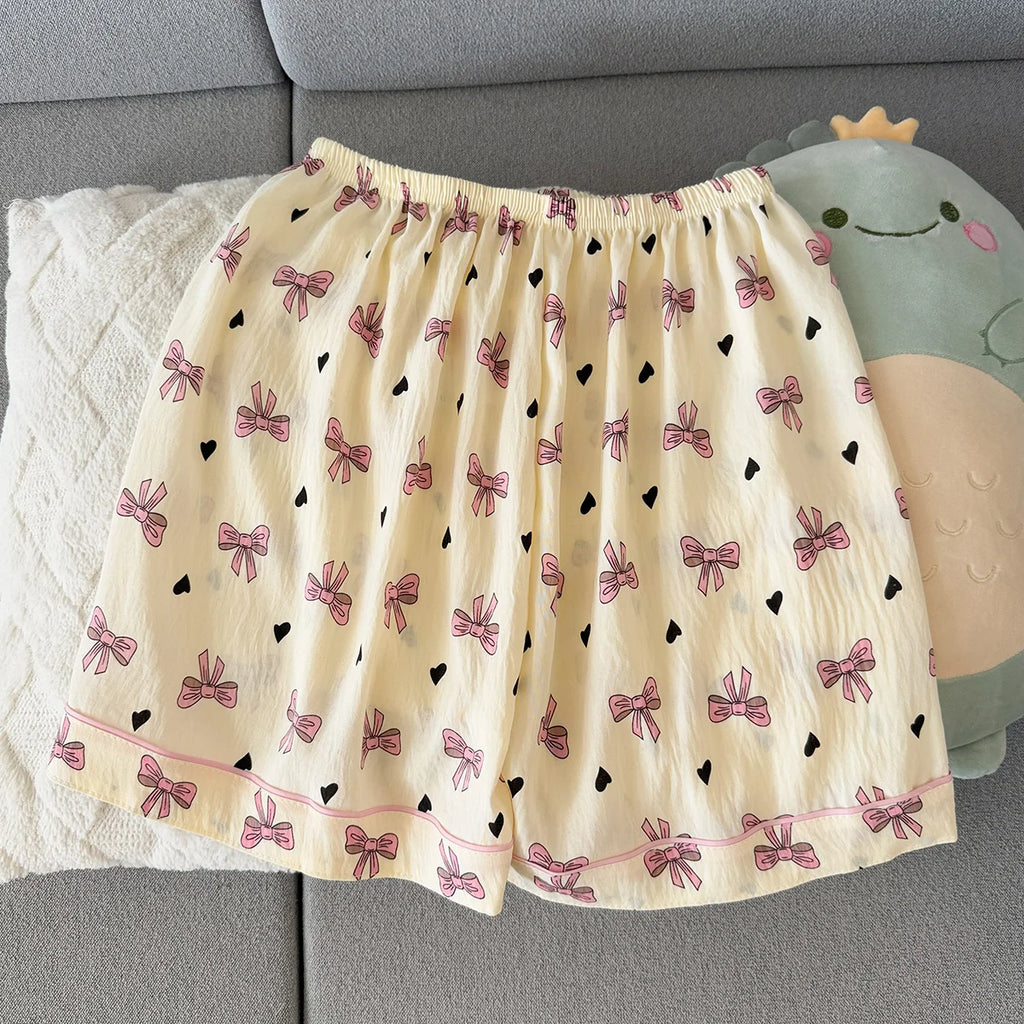 Women's Summer Pajamas, Thin Style with Bow Pattern, Short-Sleeved Shorts, Sweet and Cute, Can Be Worn Outside in Summer, Home Wear Set, Two-Piece Set