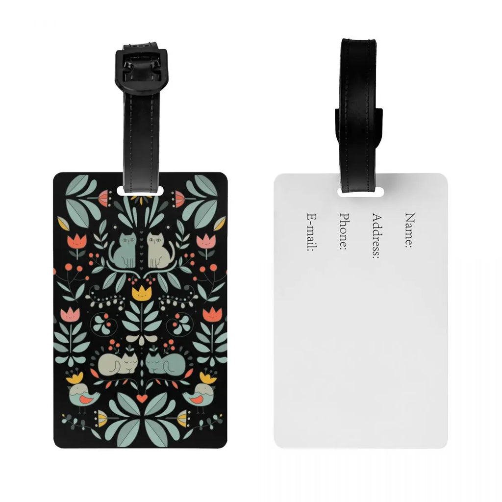 Custom Swedish Folk Cats Luggage Tag With Name Card Privacy Cover ID Label for Travel Bag Suitcase