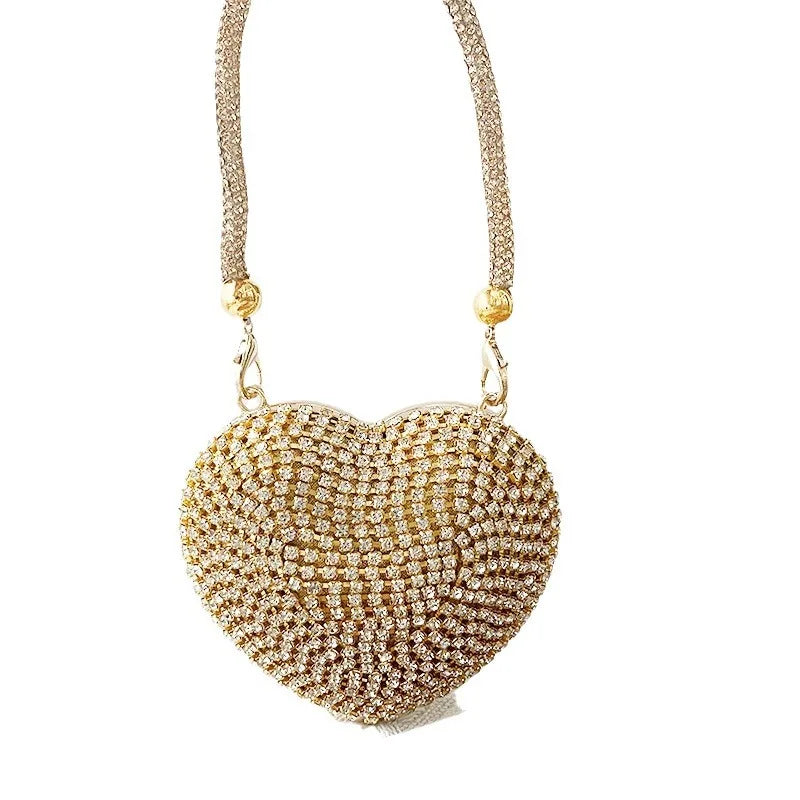 Heart Shaped Diamond Encrusted Glass Stone Evening Bag Women's Chain Handbag Stylish Crossbody Bag Elegant  Shape