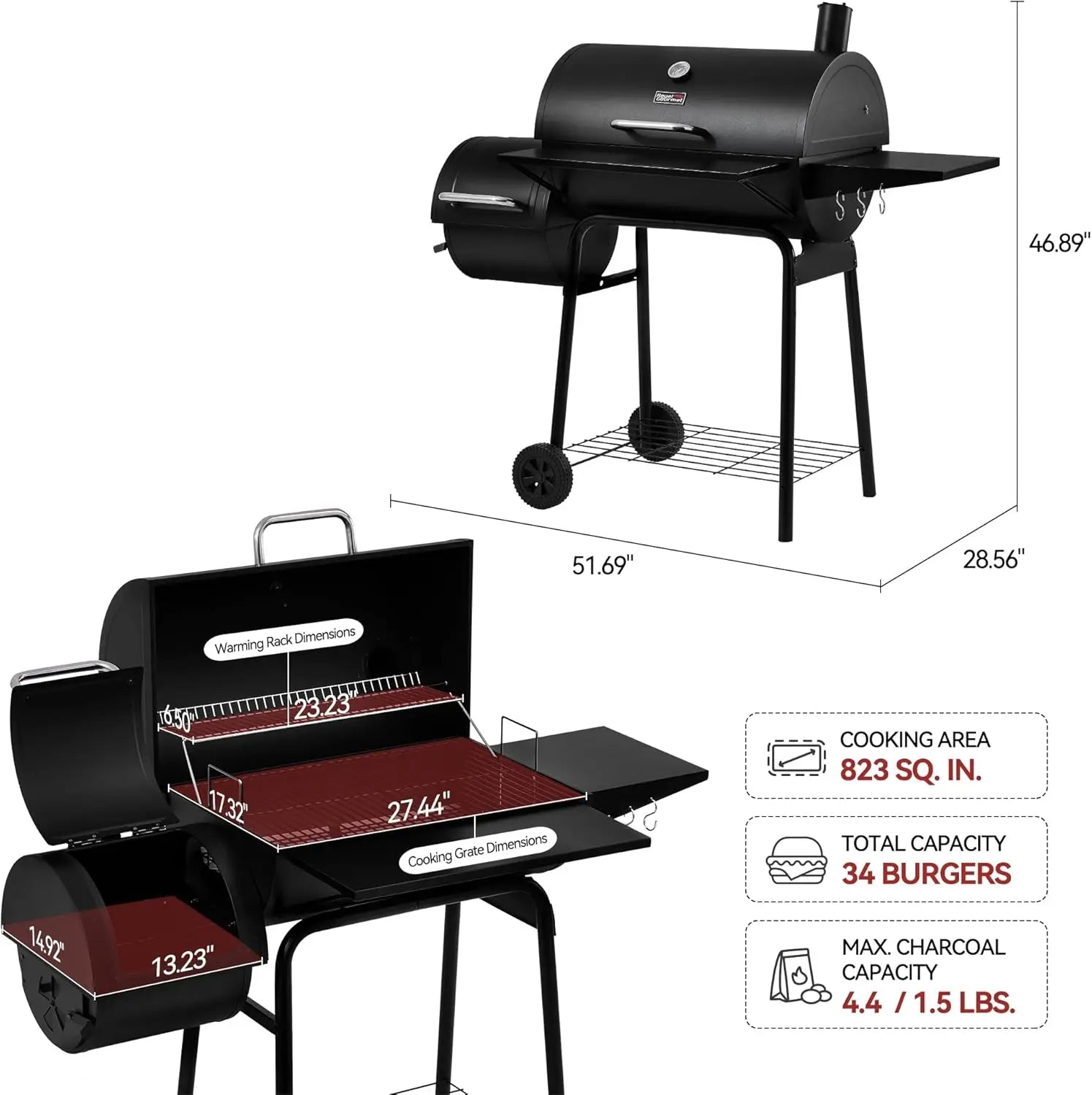Charcoal Grill Offset Smoker: Charcoal Barbecue Grills with Spacious Cooking Area | Barrel BBQ Grill Smokers Combo for Outdoor