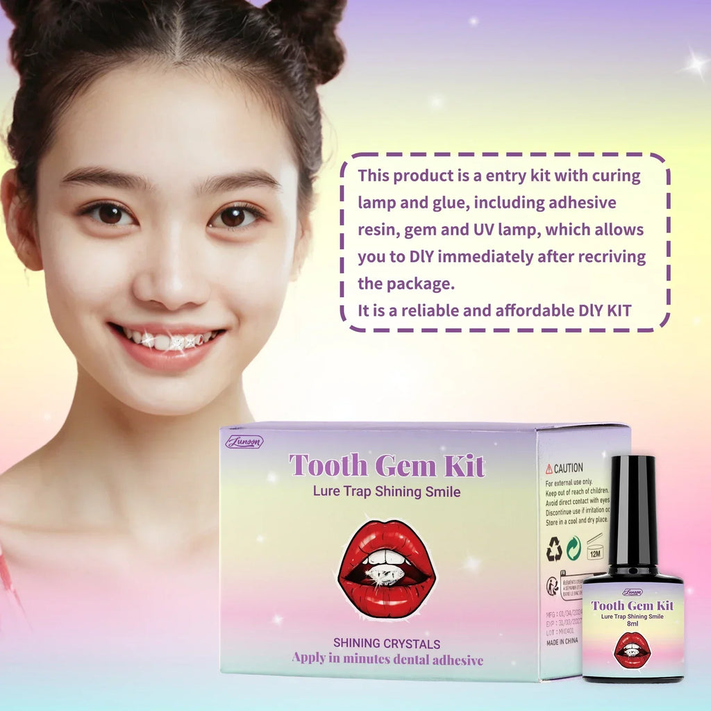 Strong-Adhesive & Removable Tooth Gem Set - With Dental Glue for Secure DIY Crystal Decoration, Unisex Smile Customization.