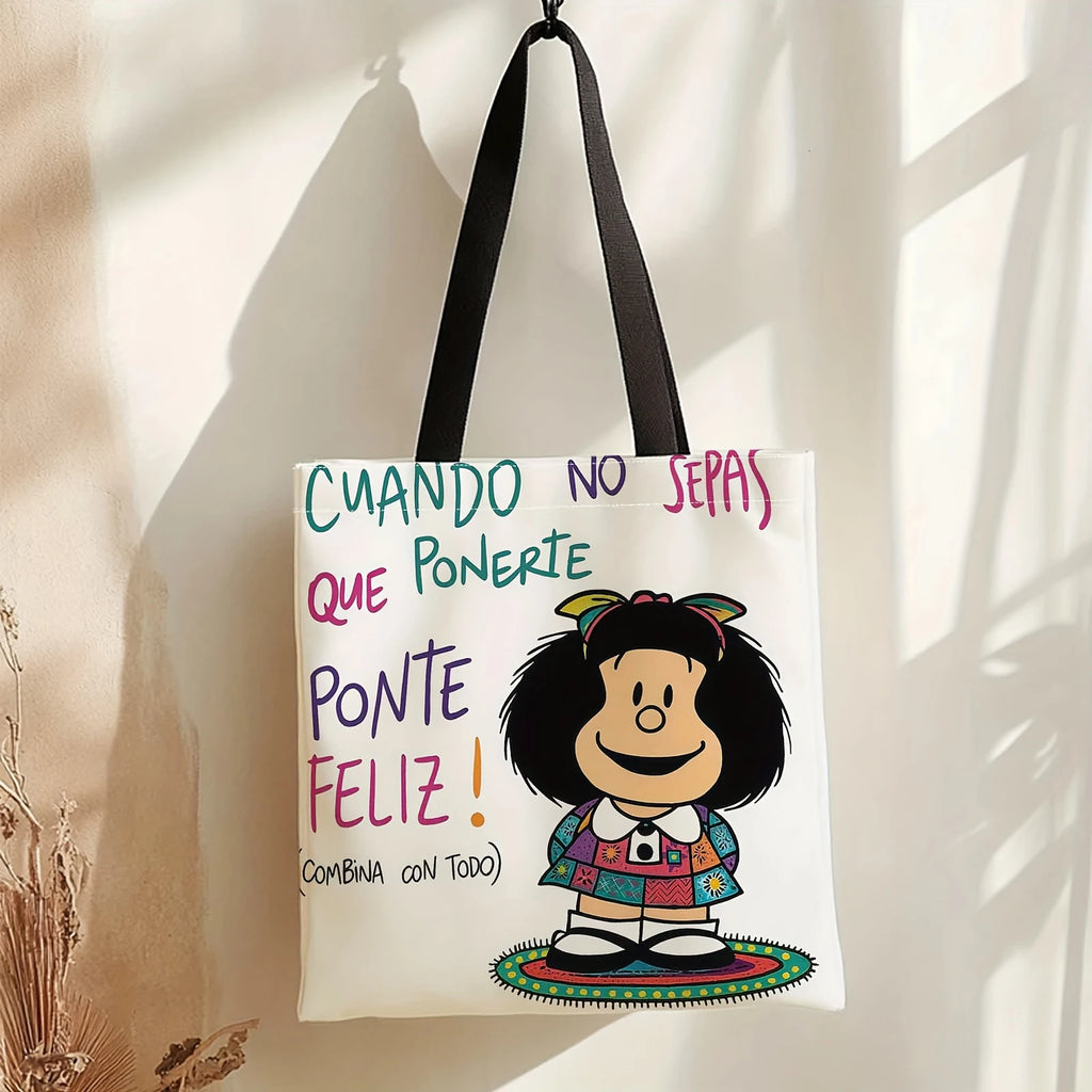 1pc Carton Print Canvas Tote Bag Women Lightweight Reusable Shoulder Bag Large Capacity Tote Bag for Student Shopping & Travel