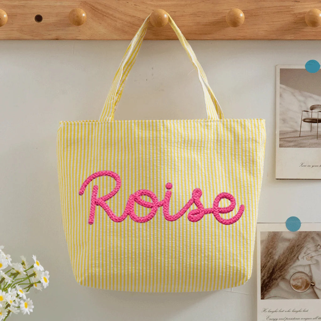 Custom Seersucker Cosmetic Handbag and Travel Organizer — Personalized Chenille Letter Toiletry Bag and Summer Beach Tote