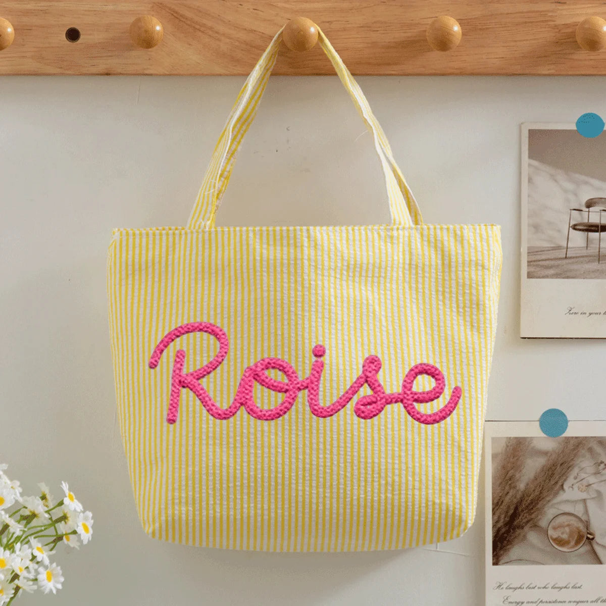 Custom Seersucker Cosmetic Handbag and Travel Organizer — Personalized Chenille Letter Toiletry Bag and Summer Beach Tote