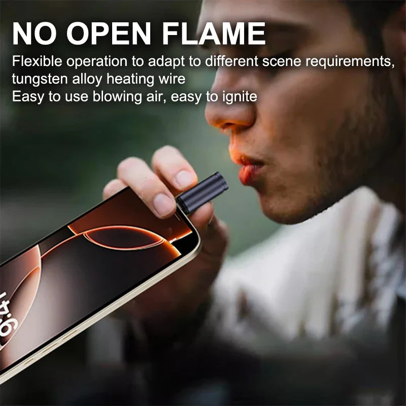 Type C Mini Lighter Blow-to-Ignite Auto Shut-Off For Air Travel Outdoor No Battery No Flame Portable Safety Lighter Adapter