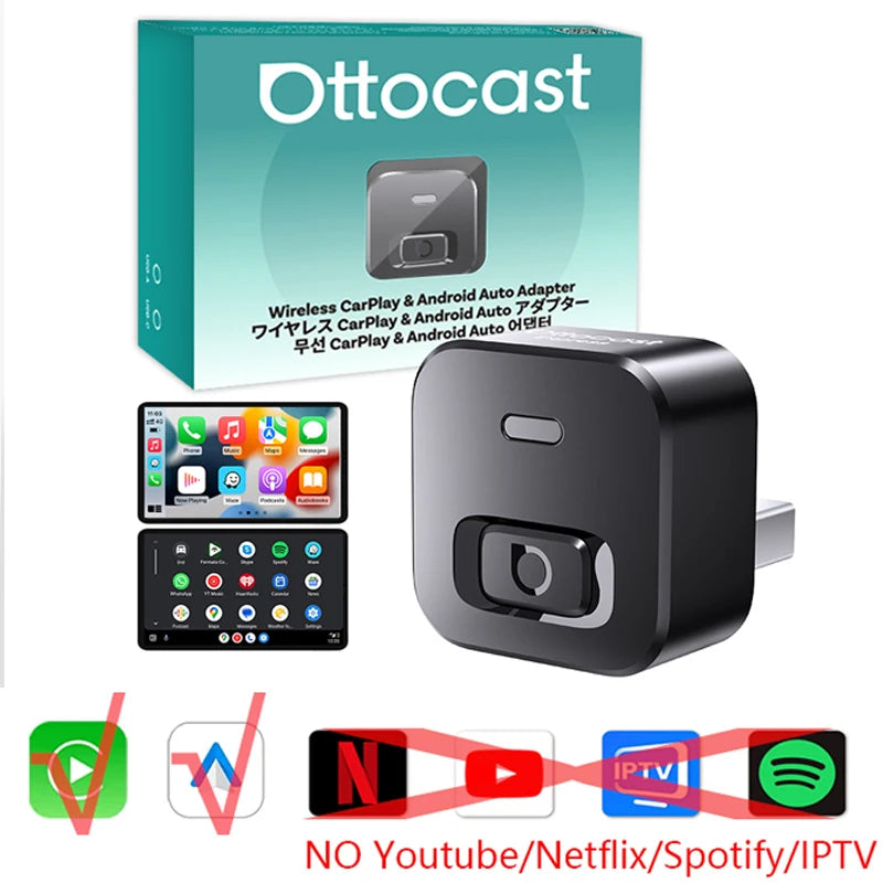 OTTOCAST Play2Video Ultra Video Box 3 in 1 Wireless CarPlay Android Auto Adapter Built-in Youtube Netflix IPTV for 98% of Cars