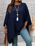 Plus-size women's clothing - solid-color loose crew-neck batwing sleeve top for spring and autumn casual vacations