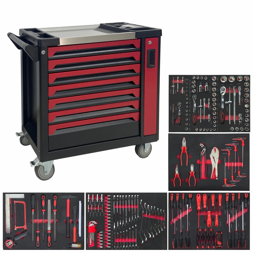 Heavy Duty Rolling Tool Chest with 201PCS Mechanics Tool Set 5-Tray Mobile Workshop Service Cart for Garage & Auto Repair