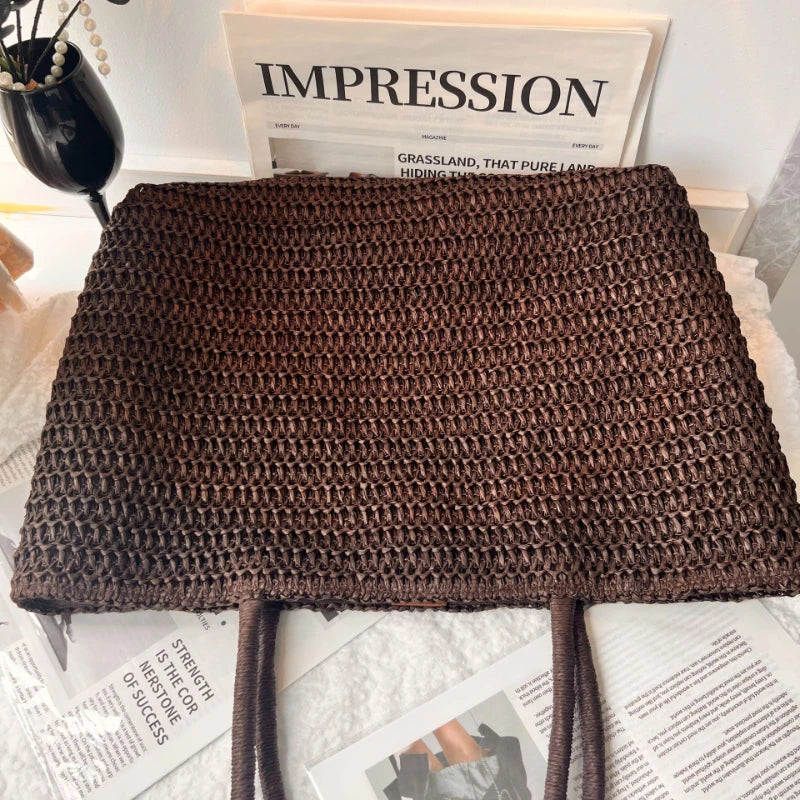 Summer French Elegant  Raffia Straw Tote Bag Women Large Capacity Minimal Shoulder Bag Magnetic Buckle Beach Shopping Handbag