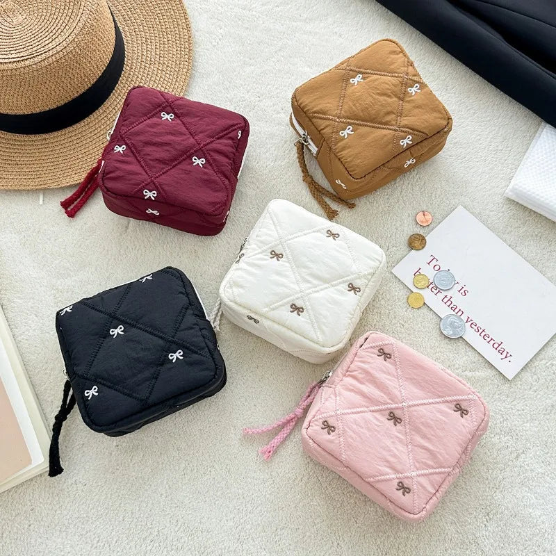1pc Gift Bow Sanitary Napkin Organizer Bag Coquette Quilted Women's Mini Clutch Bag Cotton Keychain Earphone Coin Purse