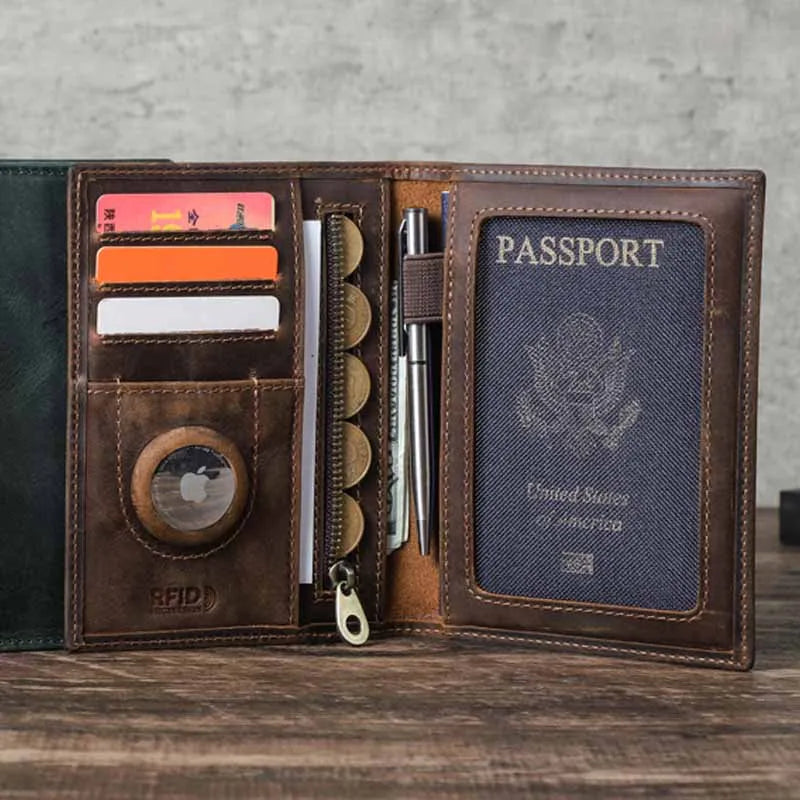 Genuine Cow Leather Passport Holder with AirTag Case - RFID Blocking Travel Wallet, Anti-Lost Pocket & Card Holder for Men Women