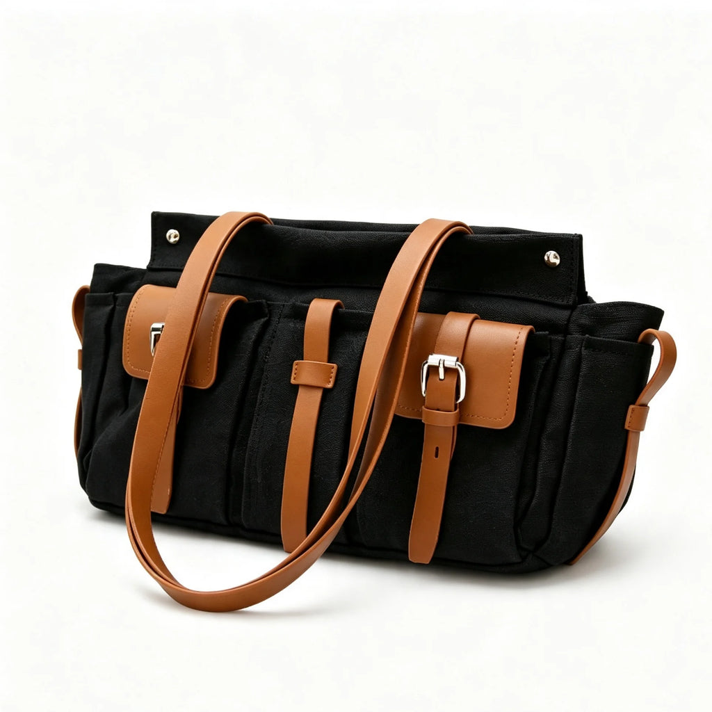 Luxury Canvas Leather Multi-Pocket Tote Bag,Women Zipper Closure Vintage Shoulder Bag,Motorcycle Biker Style Handbag,Lightweight