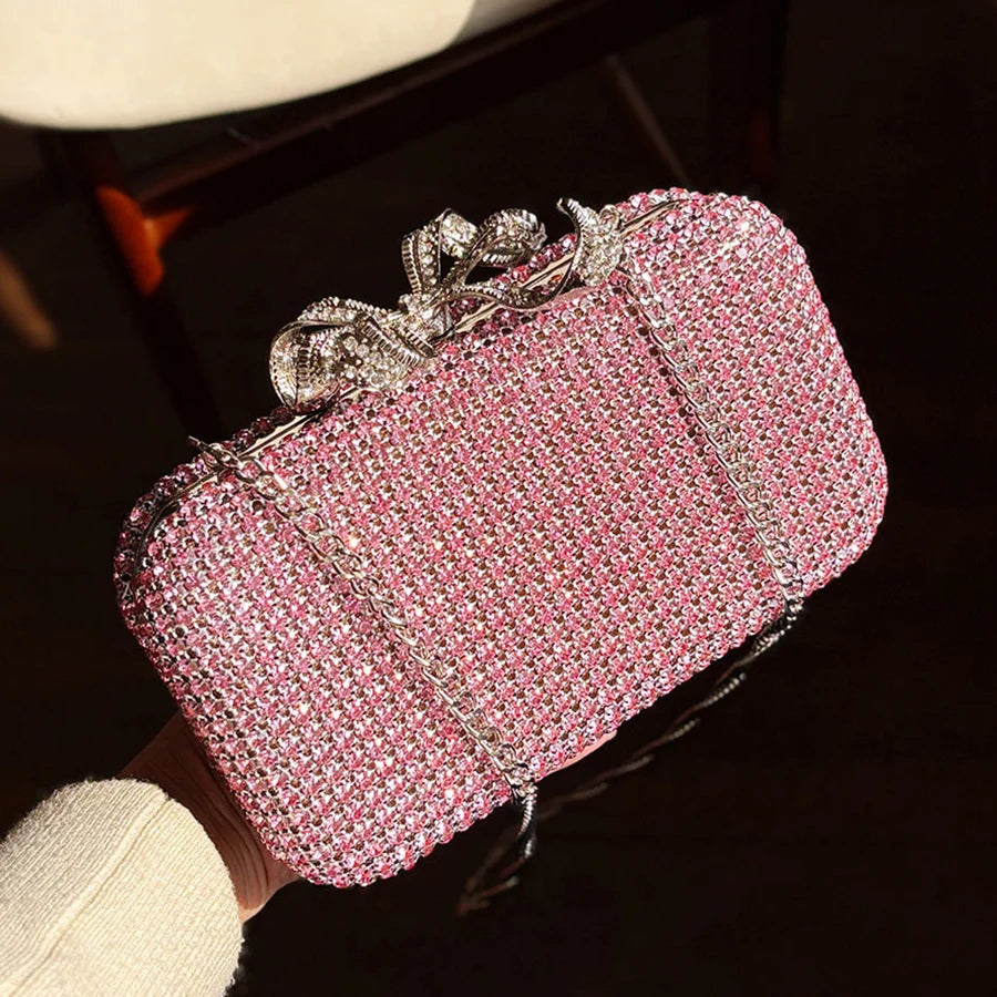 Luxury Diamond Clasp Evening Bag Bowknot Clutch Bags Rhinestone Small Box Bags Chains Shoulder Bags Wedding Party Purse Handbag