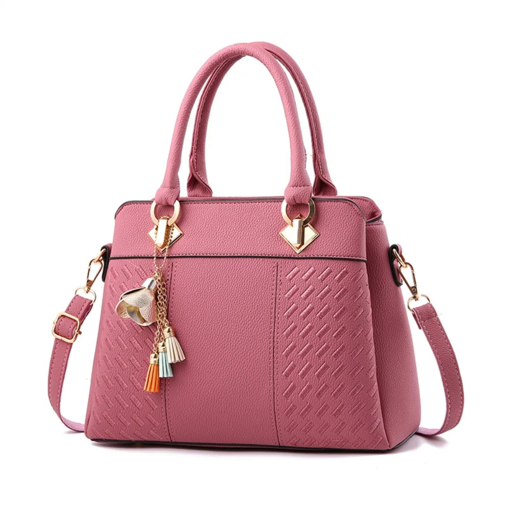 Casual PU Leather Shoulder Bags with Pendant Solid Color Ladies Handbags Large Capacity Embossed Crossbody Bag