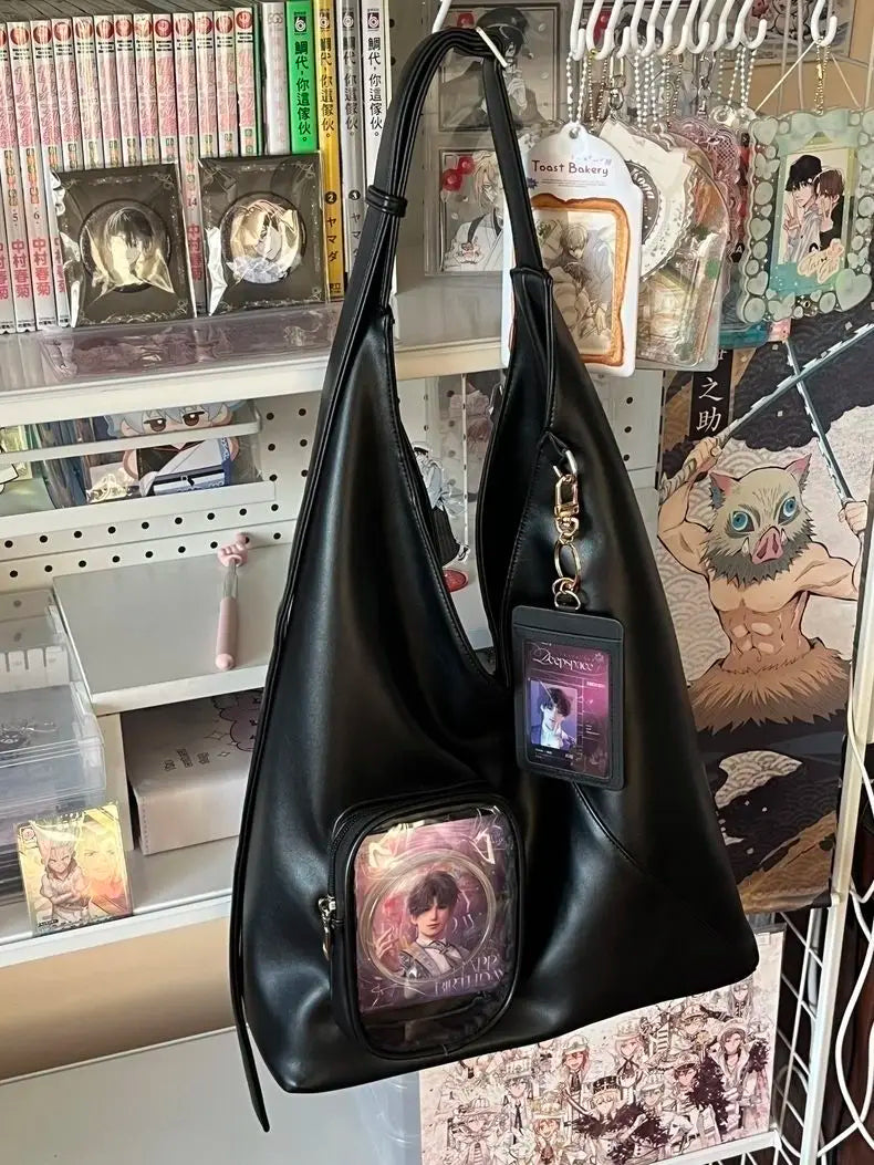 Soft PU Triangle Itabag with Clear Front Pocket -Women Large Capacity Shoulder Crossbody Bag for Anime Dolls & Daily Commute