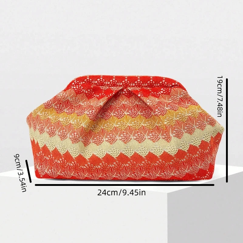 2026 Summer New Design Orange and Red Gradient Zigzag Pattern Knitted Clutch Bag Ethnic Style Bohemian Pleated Cloud Clasp Bag
