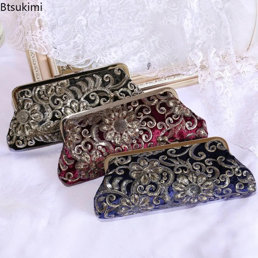 New Women's Velvet Cheongsam Bag Bridal Vintage Dinner Handbags Prom Cocktail Party Evening Bags Embroidered Chain Clutch Purses
