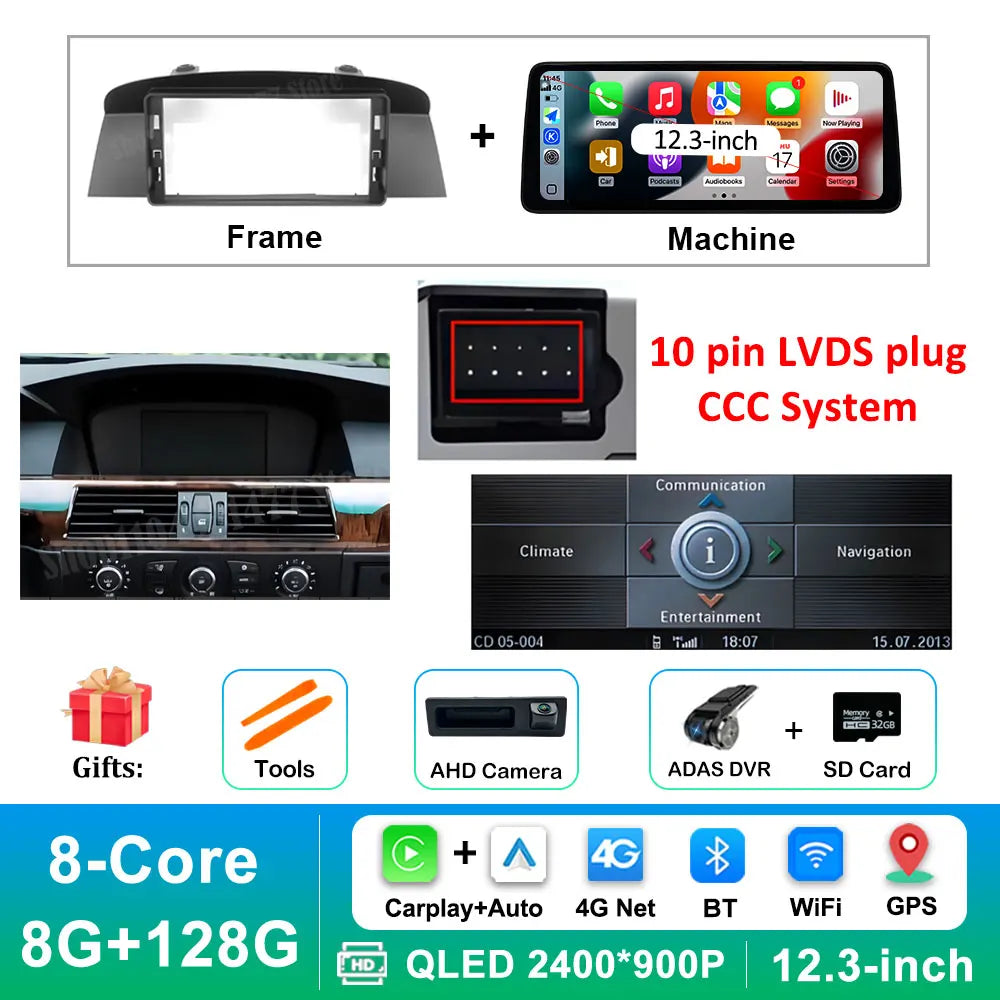 12.3 '' Ultra-thin Screen Android 16 BT for BMW 5 Series E60 E61 E62 2004 - 2012 CIC CCC System GPS Car Video Multimedia Player