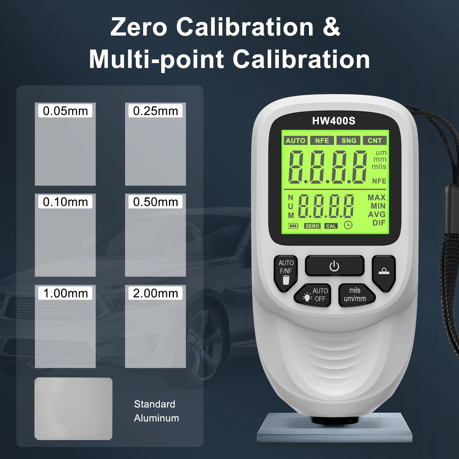 New HW400S Car Paint Film Tester Coating Thickness Gauge Car’s Original Coating Auto Car Paint Meter0-2000um Fe and NFe Probe