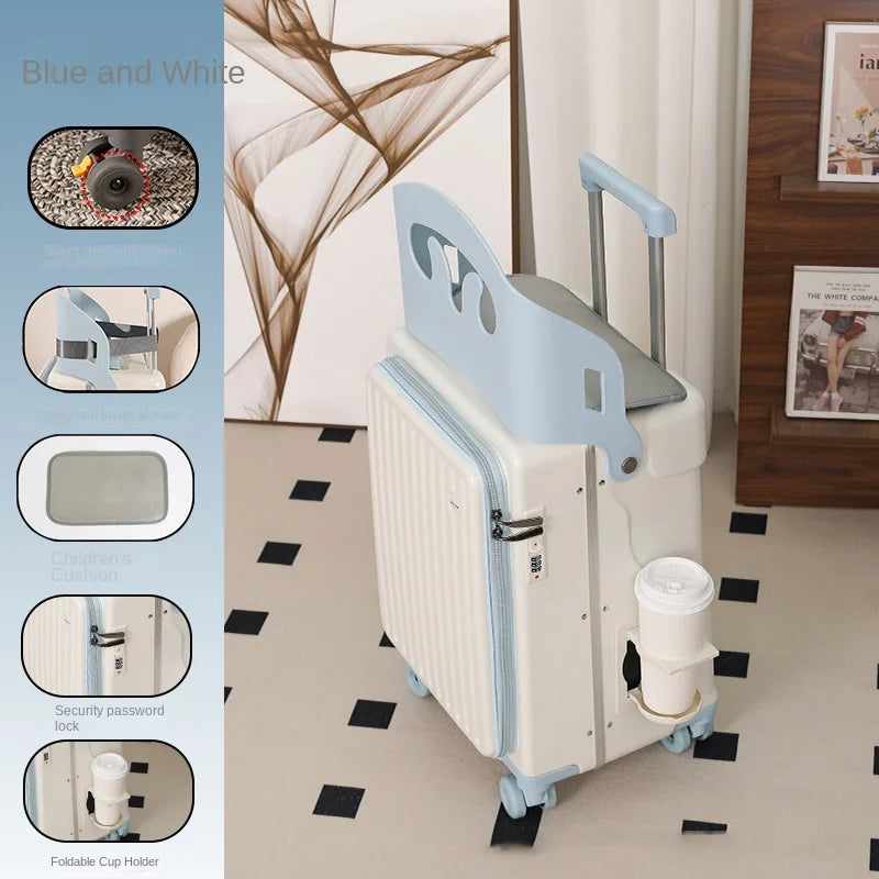Front Opening Suitcase for Children can Sit 20/22 inch Ride on Luggage Sturdy Thickened PC Travel Suitcase with Cup Holder