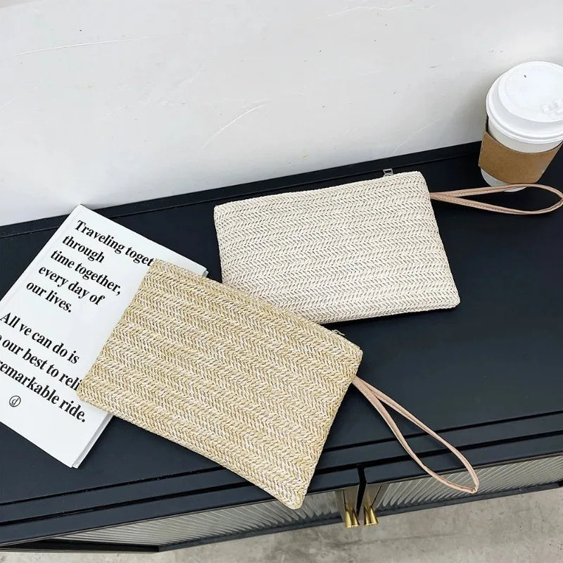 Elegant Boho Straw Clutch Bag, Solid Color Woven Beach Purse, Portable Summer Handbag for Women Vacation & Daily Matching