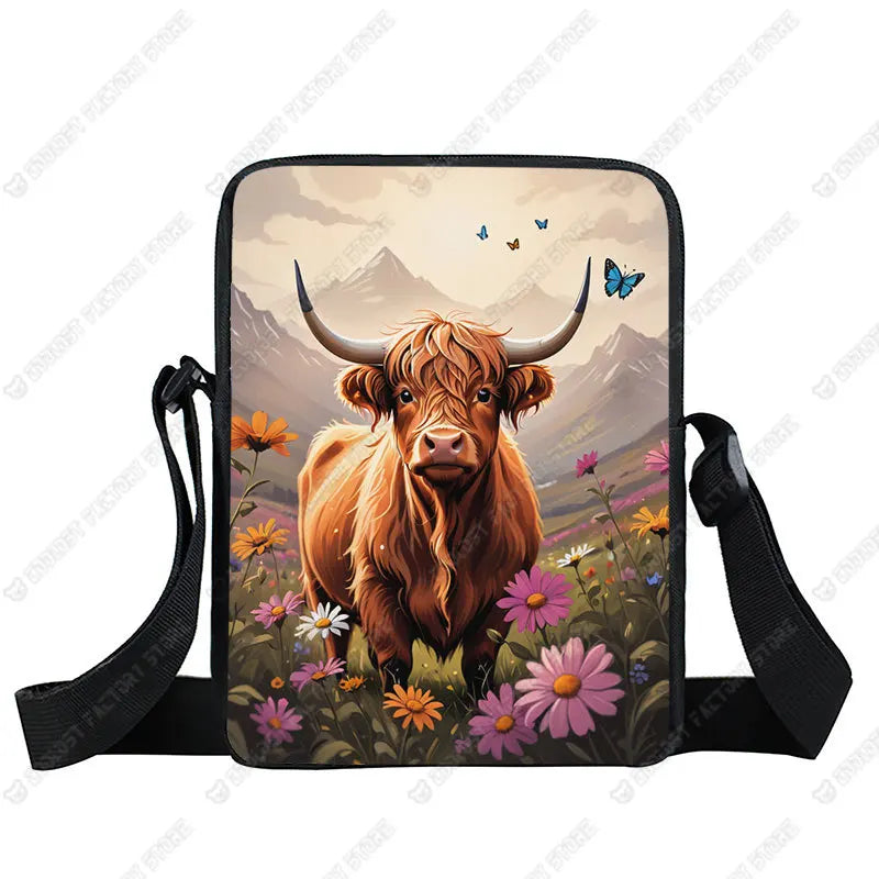 Scottish Highland Cows Print Crossbody Bag Highland Cow Sunflower Women Handbag Key Money Phone Holder Messager Shoulder Bag