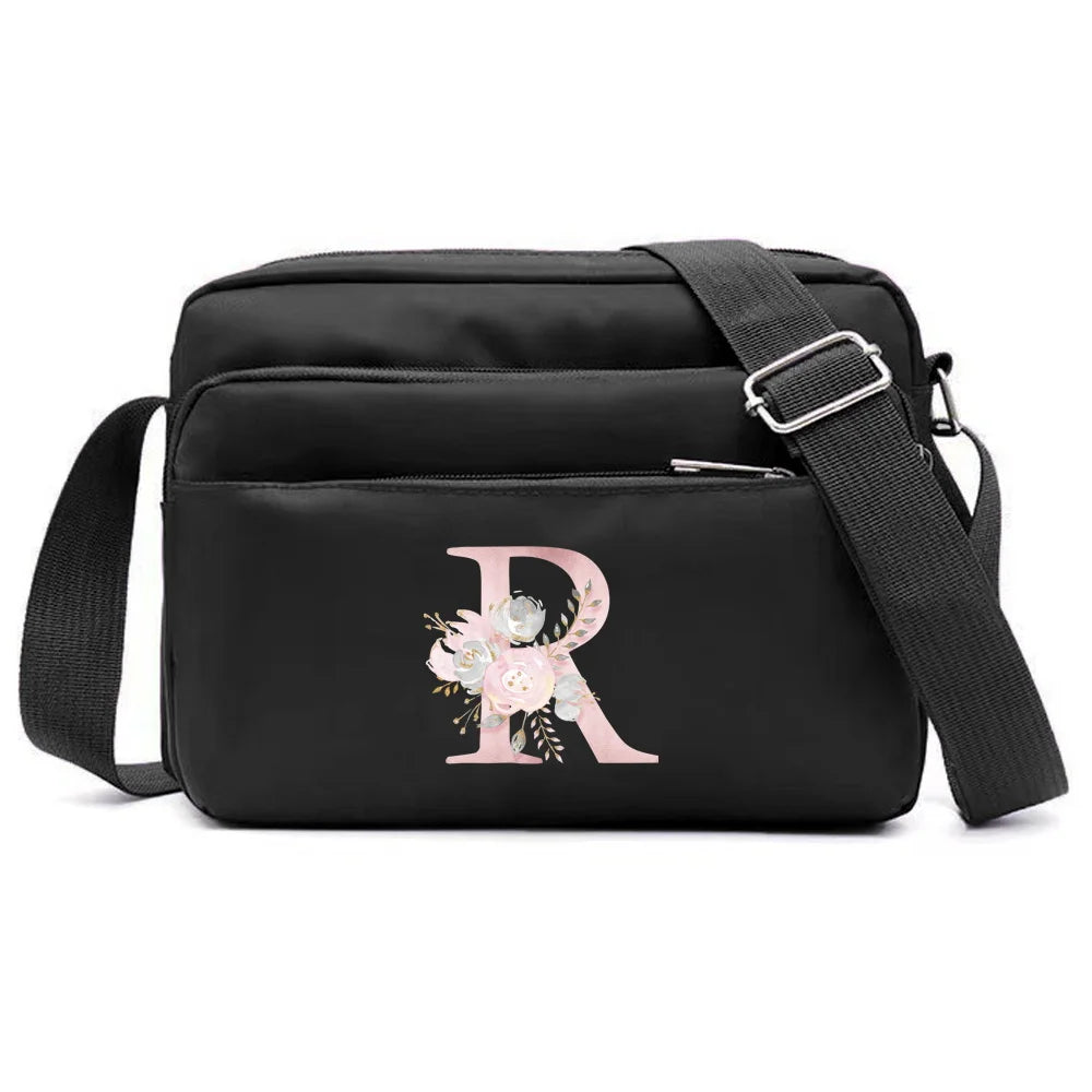 New Simple Black Storage Bag Multi-layer Travel Leisure One Shoulder Crossbody Bag Pink Flower Letter Series Printing Pattern