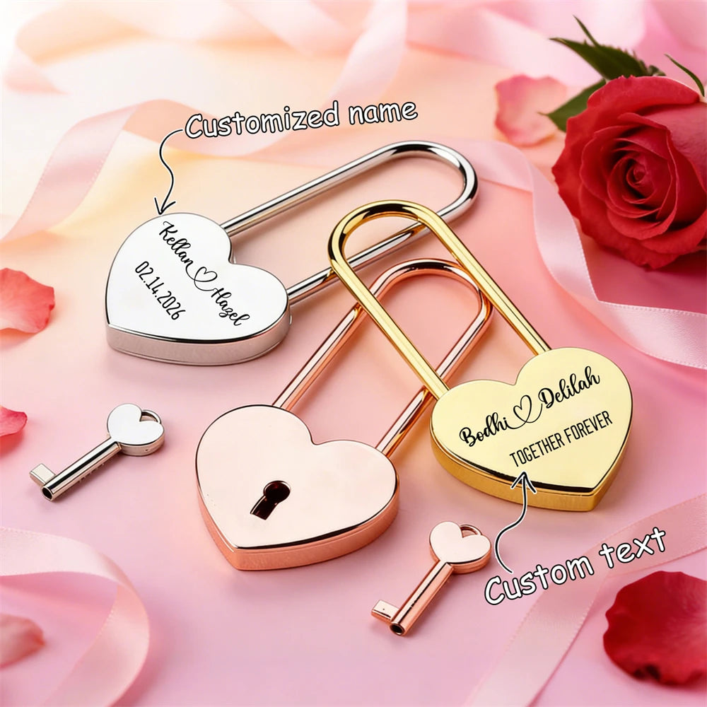 Custom Heart-Shaped Padlocks Personalized Lock With Key Love Souvenir Commemorative Gift Home Decoration Custom Name Text Lock