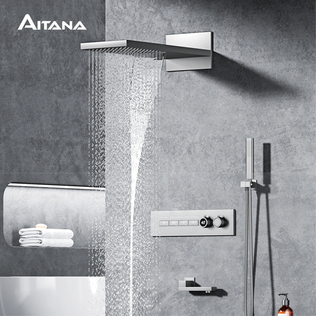 Luxury Black Brass Shower System Wall-Mounted LED Digital Display Design Cold & Hot Dual-Control 4-Function Ceiling Shower Tap