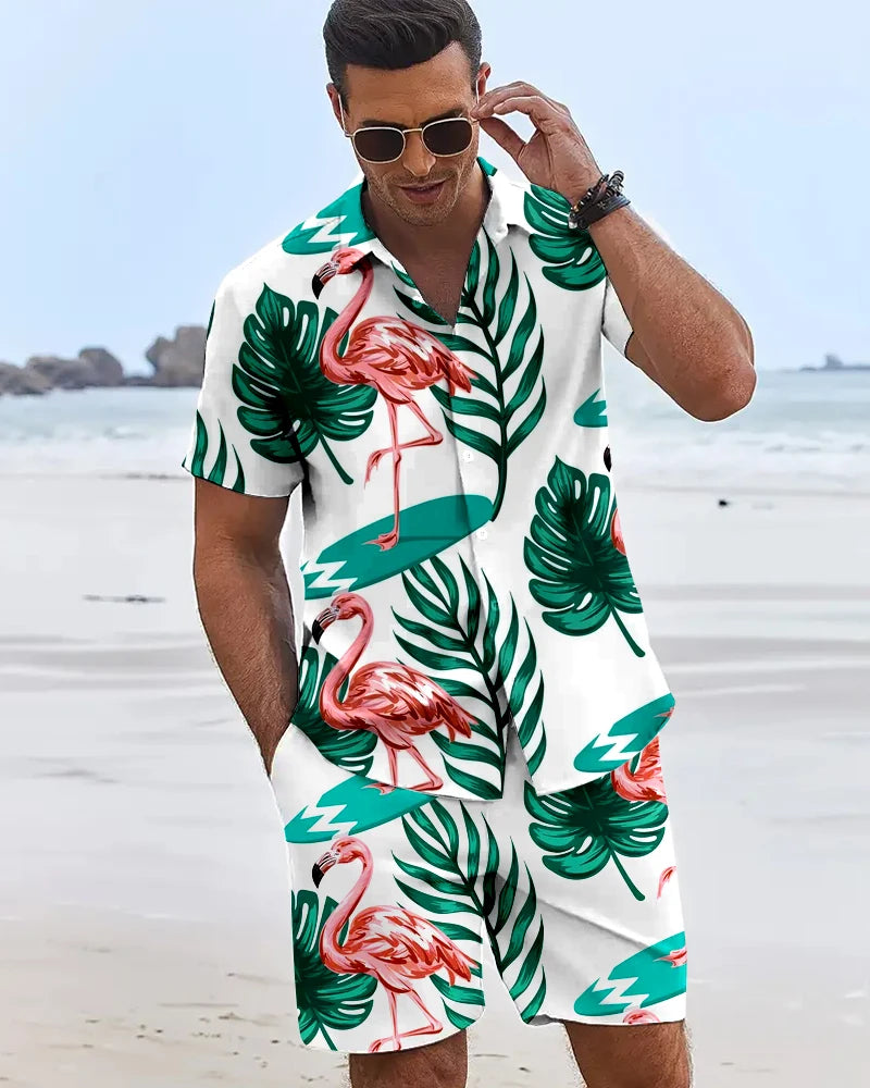 Funny 3D Flamingo Printed Men's Shirts Hawaiian Beach Vacation Short Sleeve Shorts 2 Piece Summer Hip Hop Trend Fashion Men Sets
