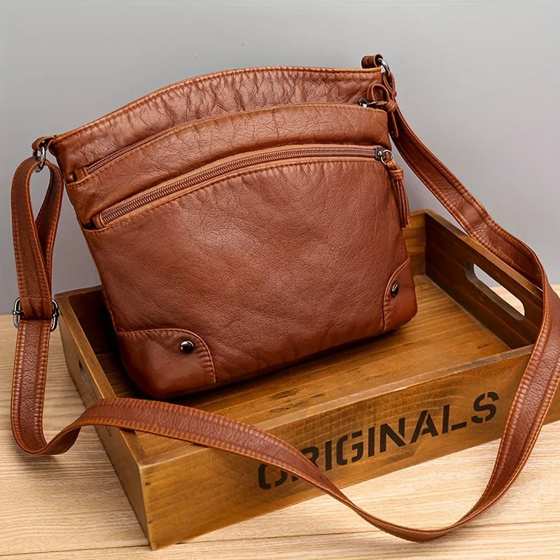 Retro Mini Crossbody Bag, Soft PU Leather Bucket Bag, Multi Layer Shoulder Purse with Interior Slot Pocket for Women Daily Use