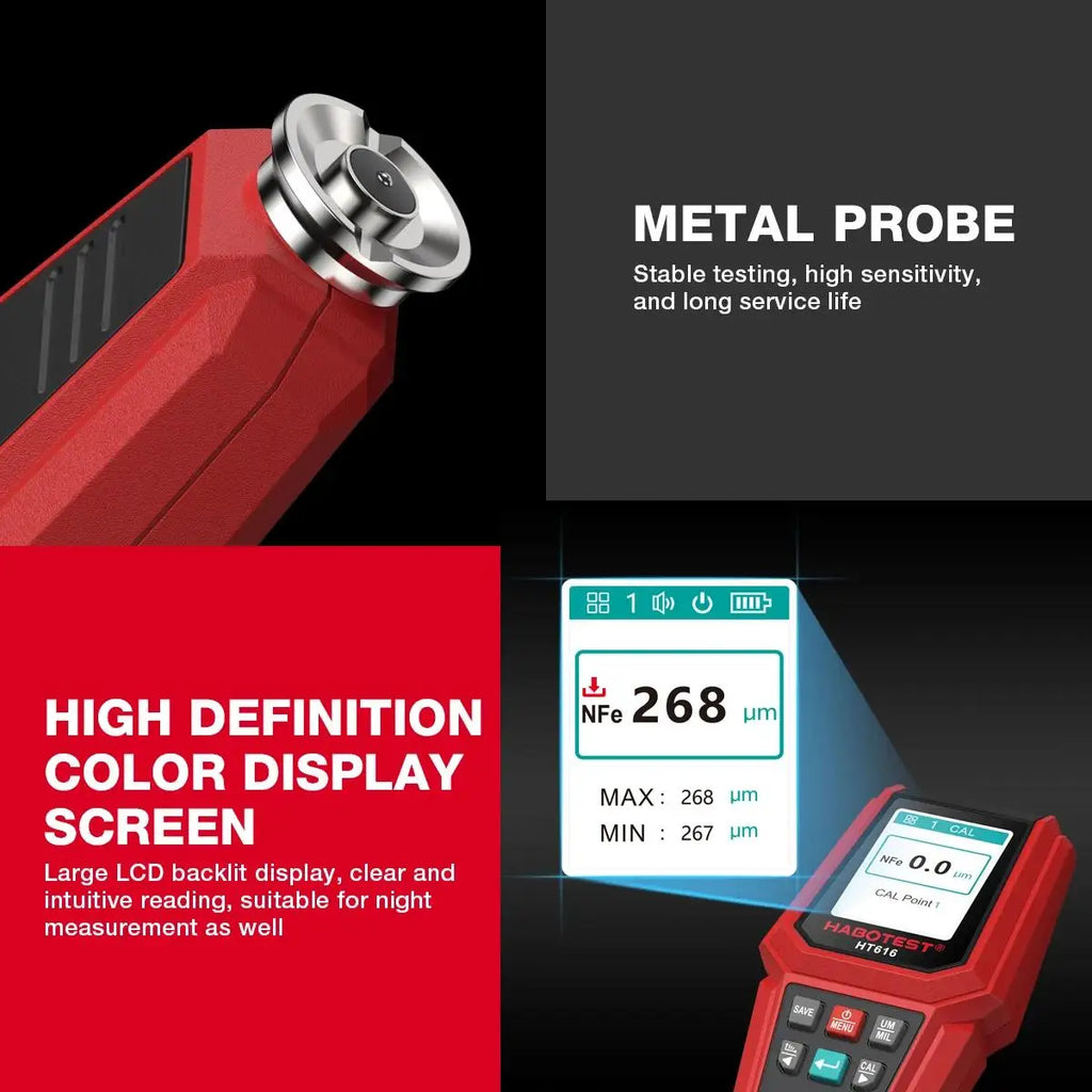 HABOTEST HT616 Digital Rechargeable Car Plating Tester Measurement Layer Film Paint Measuring Instrument Coating Thickness Gauge