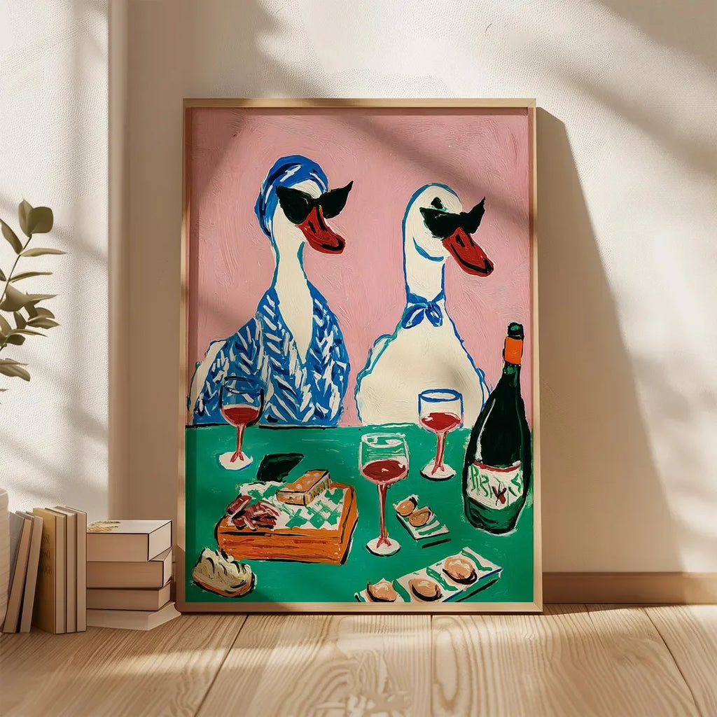 Duck Wine Party Art Print, Quirky Animal Poster, Retro Wall Art with Ducks and Wine, Fun Dining Room or Kitchen Decor