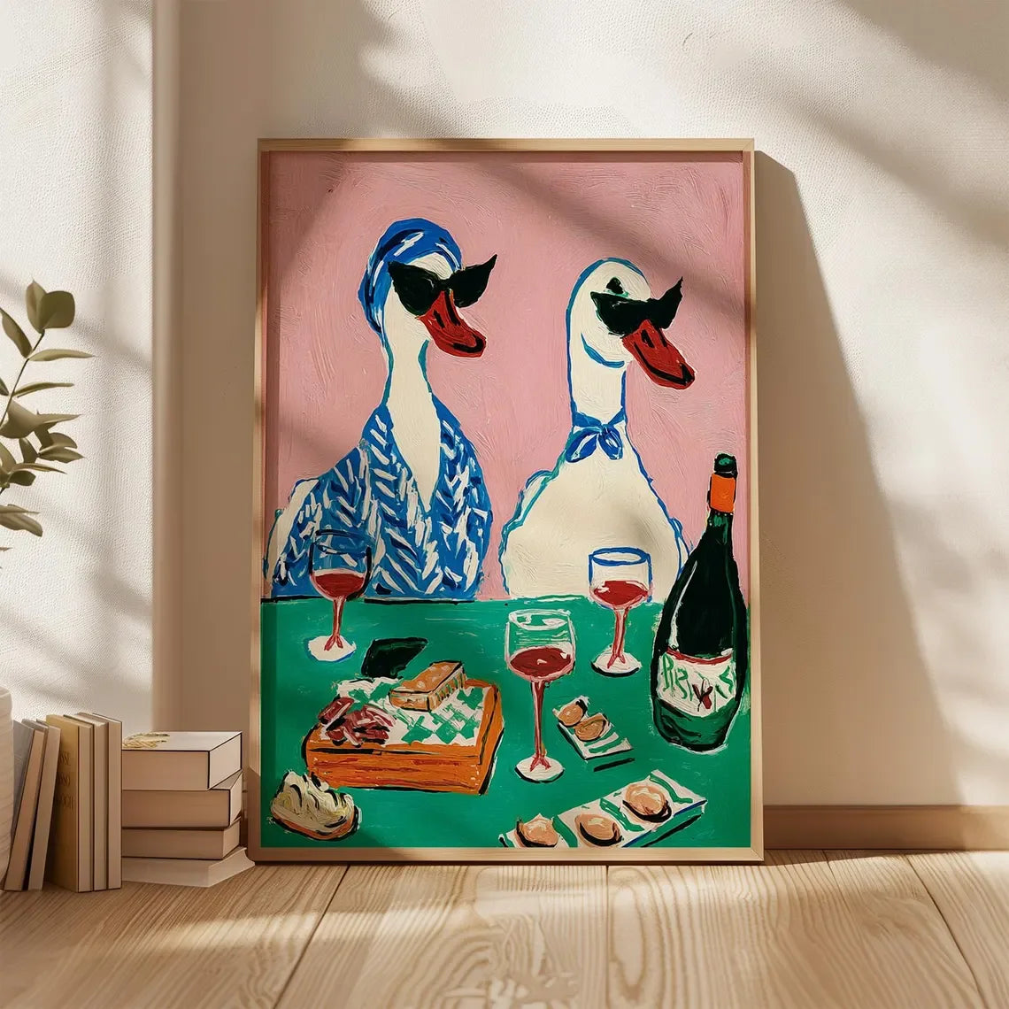 Duck Wine Party Art Print, Quirky Animal Poster, Retro Wall Art with Ducks and Wine, Fun Dining Room or Kitchen Decor