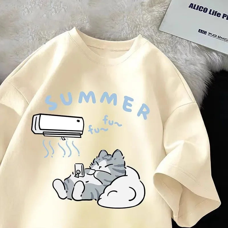 Plus Size Summer Japanese Cartoon Cute Cat Fun Print Short Sleeve T-shirt Women's Loose Casual Half Sleeve Soft Bottom Shirt Top