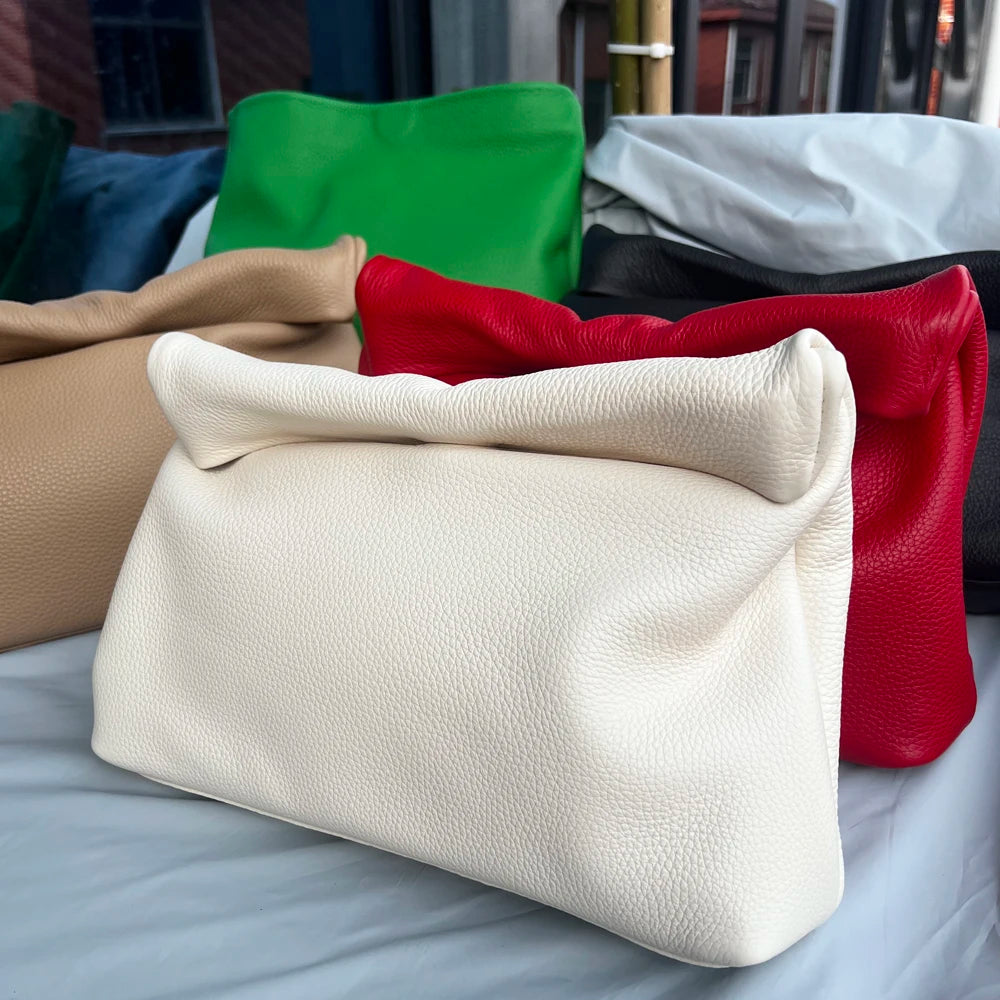 100% Genuine Leather Cowhide Handbag High Quality Leather Women's Foldable Designer Handbag Simple Magnet Handle Bags