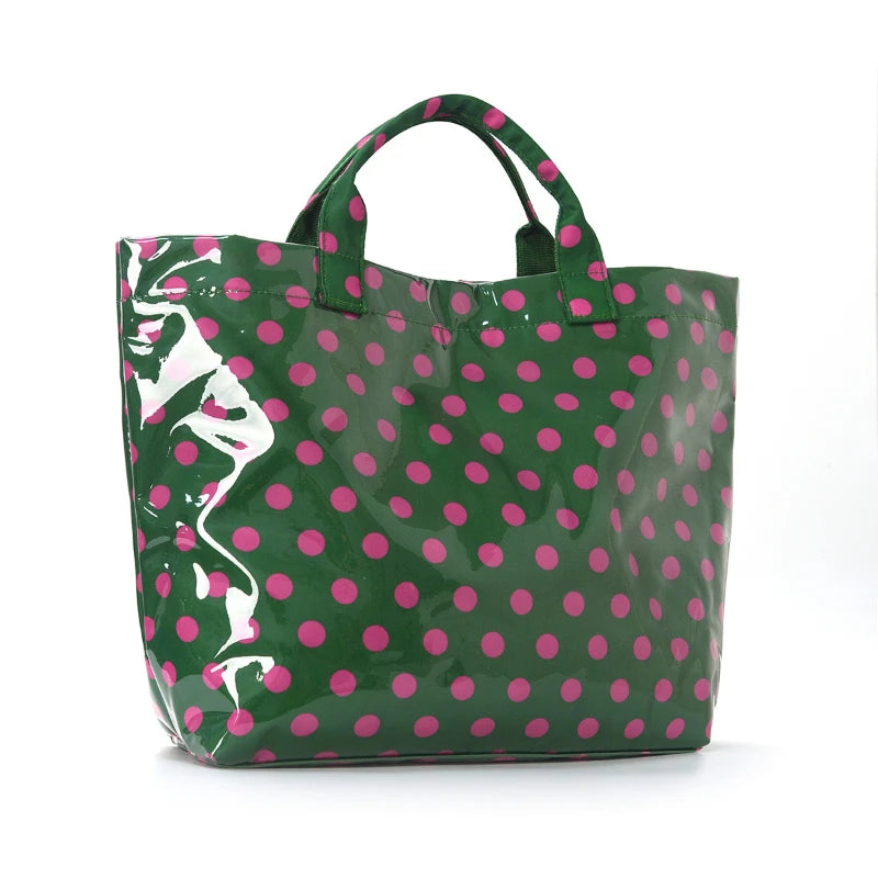Korean Style Polka Dot Tote Bag PVC Waterproof Large Capacity Handbag Travel Shoulder Bag Shopping Portable Lightweight Casual