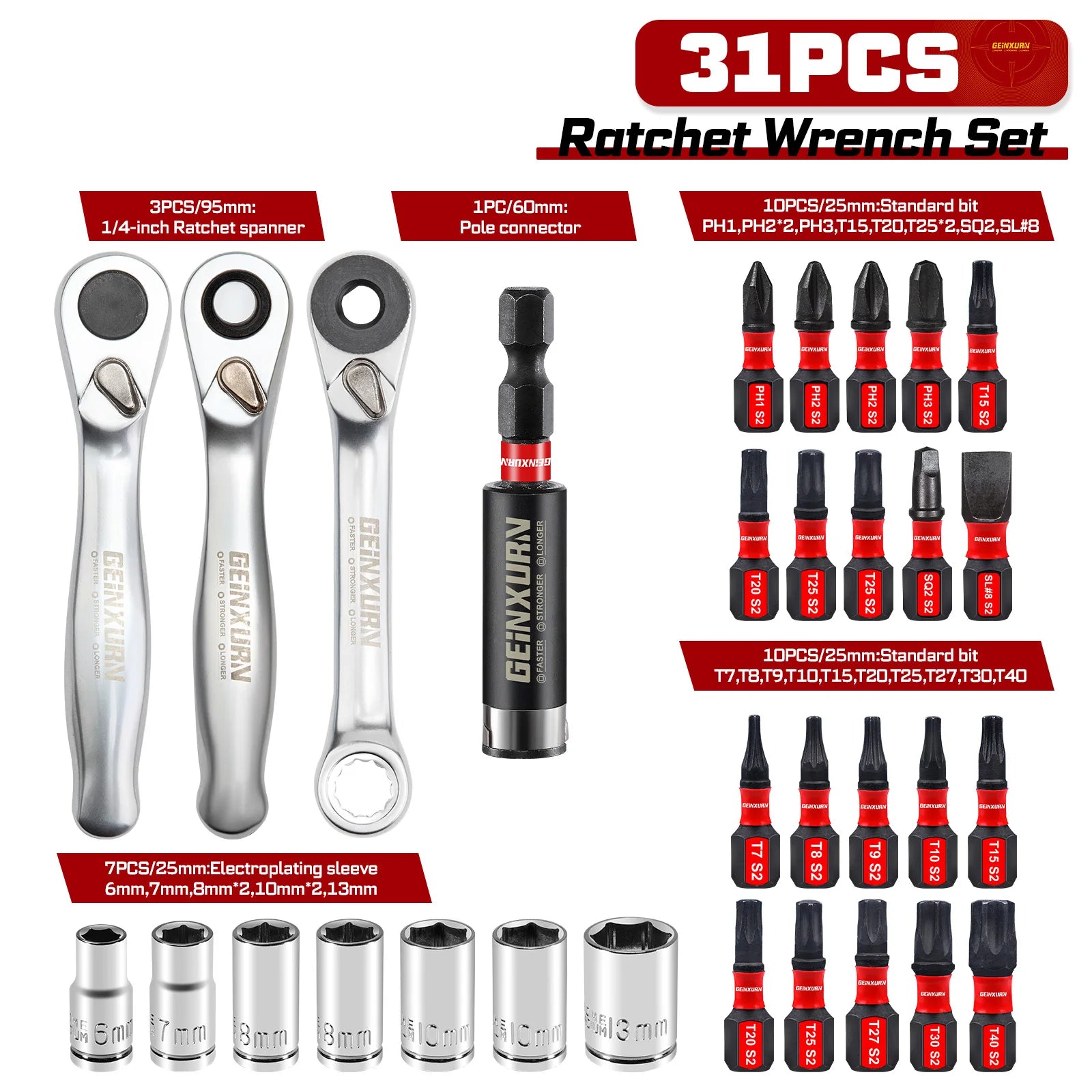 Geinxurn 1/4-inch Ratchet Wrench Set & Mini Spanner and Screwdriver Set, for Portable Plastic Box