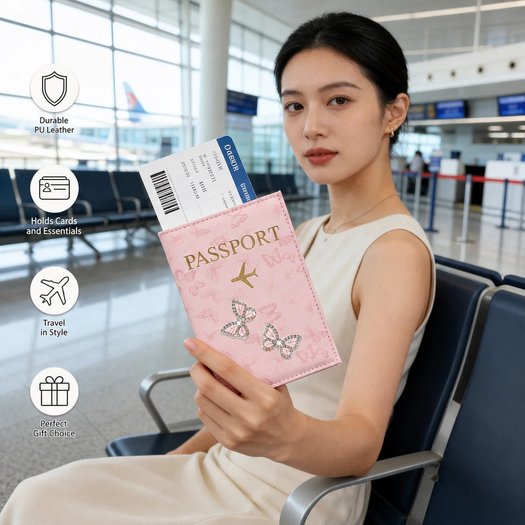 Pink Butterfly PU Leather Passport Holder, Rhinestone Travel Wallet Cover with Card Slots for Women, Airport Vacation Gift