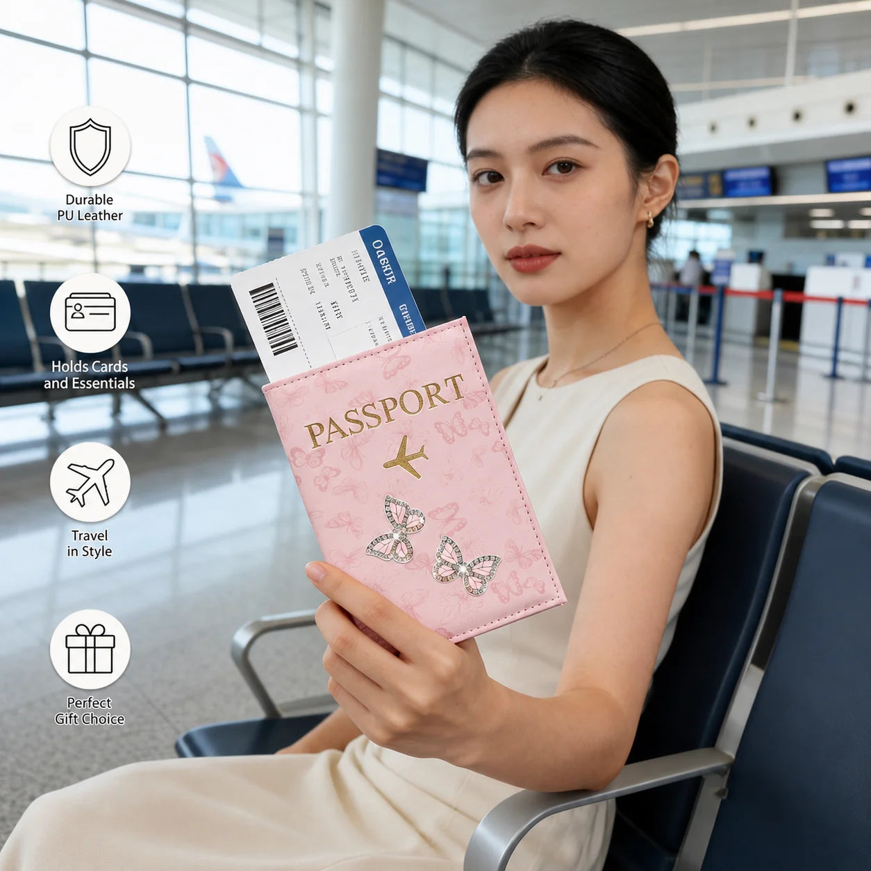 Pink Butterfly PU Leather Passport Holder, Rhinestone Travel Wallet Cover with Card Slots for Women, Airport Vacation Gift