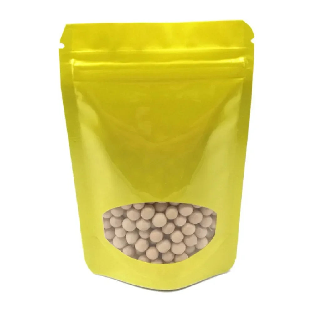 100Pcs Glossy Colors Aluminum Foil Stand Up Zip Lock Pouches with Clear Window Plastic Packaging Bag Gift Snacks Beans