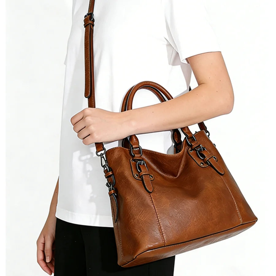 Retro Designer Soft PU Leather Women's Handbag Large Capacity Tote Bag with Multi-pocket Casual Shoulder Crossbody Bag for Ladie