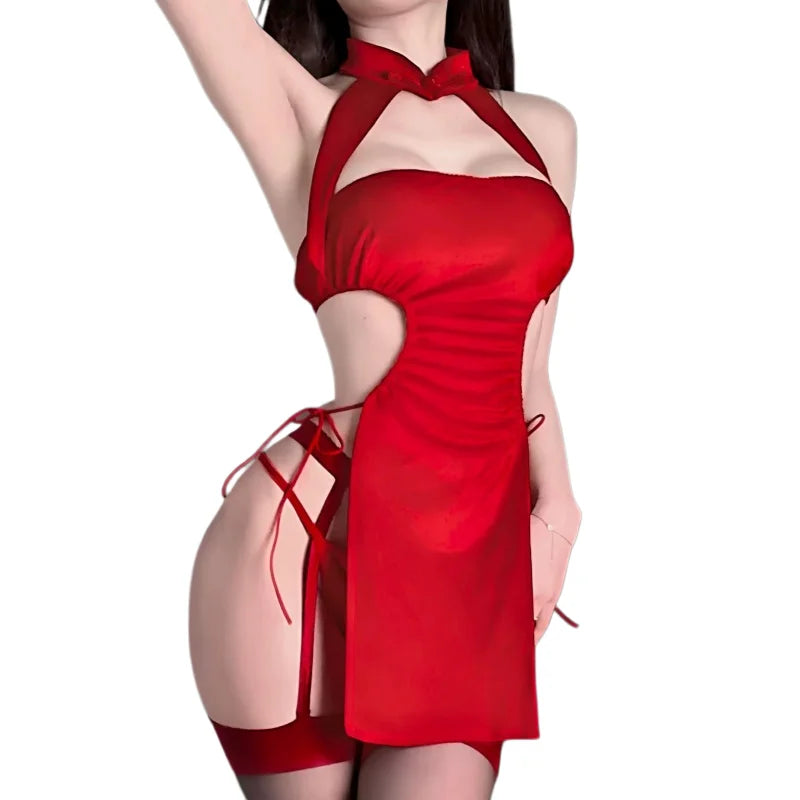 New Hot Flirtatious Bare Midriff Sleeveless Backless Sexy Lingerie Hot Passionate Suit Sexy Pajamas Cheongsam Uniform Temptation