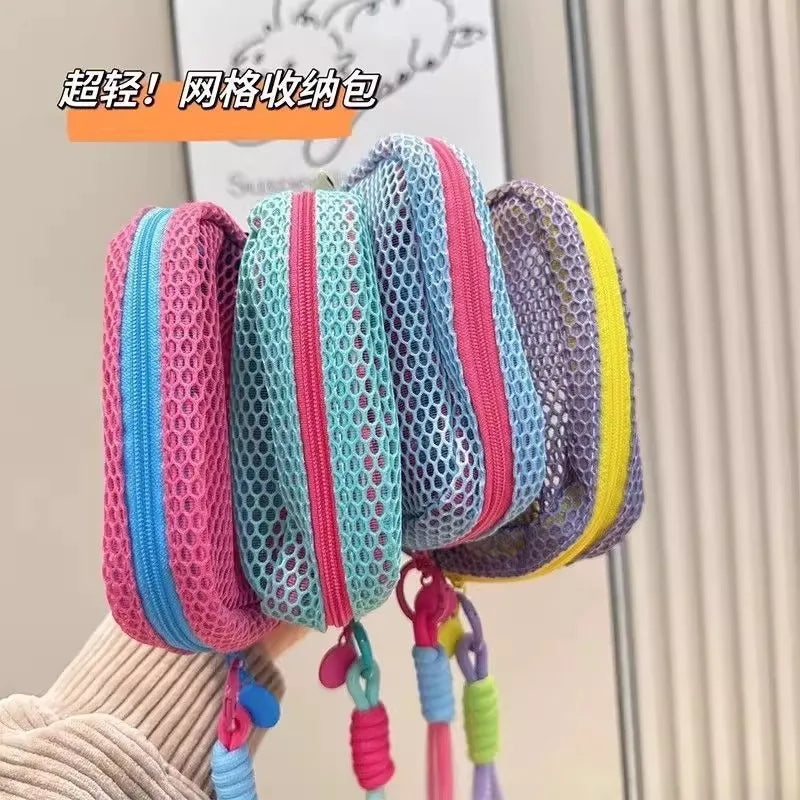 Net fabric large-capacity bag, handcrafted colorful portable data cable organizing cosmetic storage bag