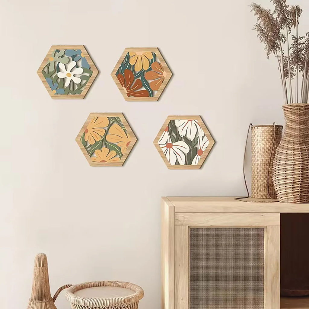 4Pcs Boho Floral Hexagon Wooden Wall Decor with Nano Tape, Boho Wall Art