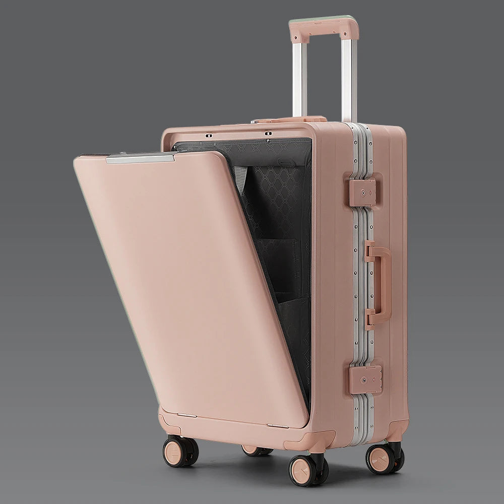 KLQDZMS Front Opening Compartment Multifunctional Aluminum Frame Luggage 20/24/26 Inch  Large Capacity Password Travel Suitcase