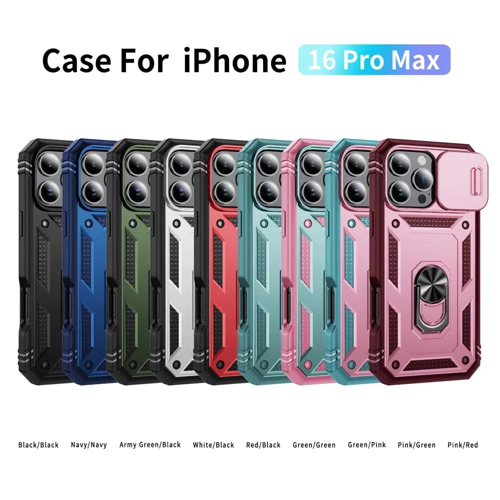 Case For iPhone 16 15 14 Pro Max 13 12 11 Pro Plus 360 Full Body Rugged Protective Slide Camera Stand Protection Ring Cover